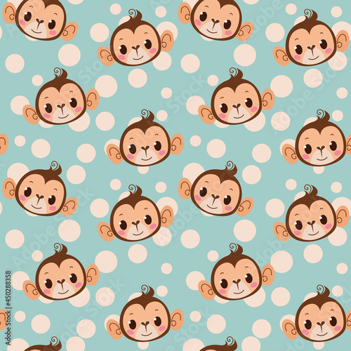 Seamless pattern with cute monkey on a blue polka dot background. Childish pattern with a monkey. Vector cartoon illustration for print on clothes, interior and printing.