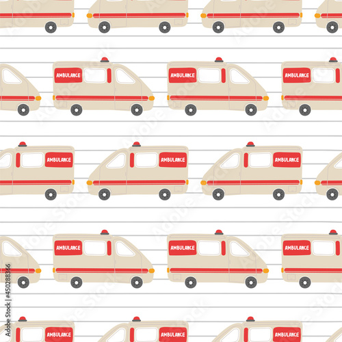 Ambulance. Modern ambulance seamless pattern. Vector illustration for baby in scandinavian simple hand drawn style. The limited palette is ideal for printing on children's clothing, bedding, textiles.