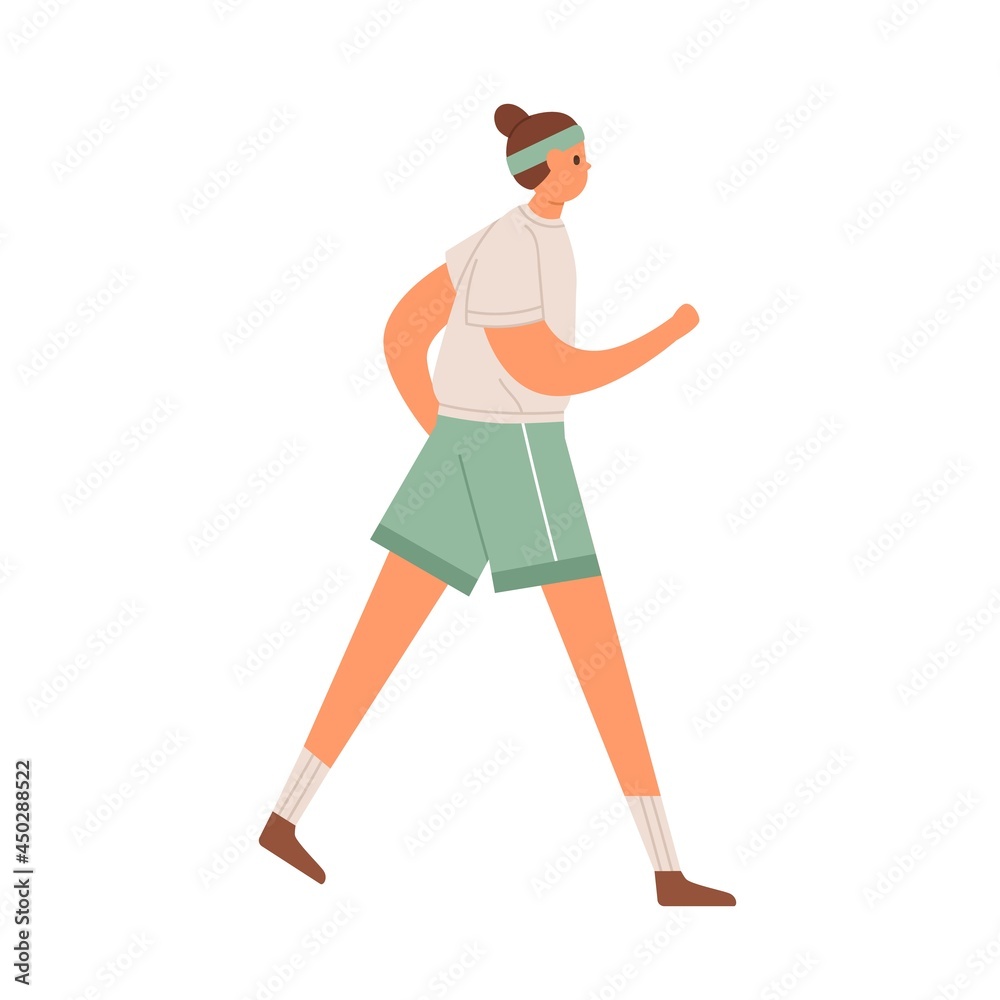 Young woman walking in sportswear and sport headband. Sportswoman running or jogging in shorts, t-shirt and sweatband. Colored flat vector illustration of runner isolated on white background Young woman walking in sportswear and sport headband. Sportswoman running or jogging in shorts, t-shirt and sweatband. Colored flat vector illustration of runner isolated on white background