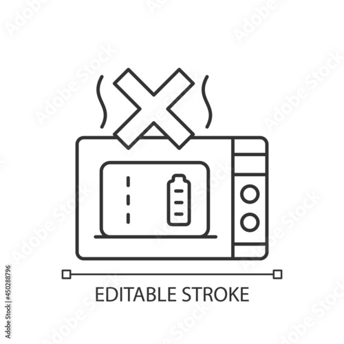 Dont microwave powerbank linear manual label icon. Damage to unit. Thin line customizable illustration. Contour symbol. Vector isolated outline drawing for product use instructions. Editable stroke