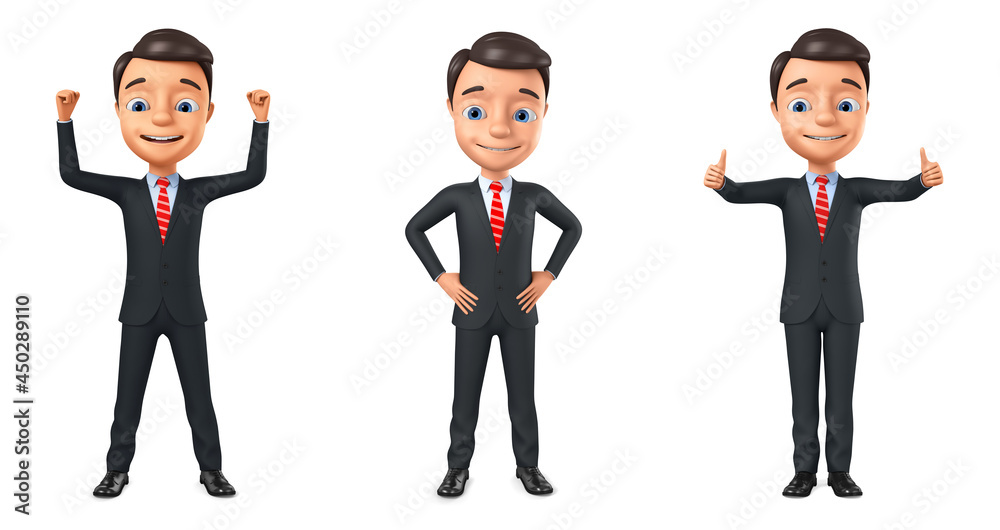 Businessman celebrates the victory by raising his hands up on a white background. 3d render illustration. Businessman showing two thumbs up on a white background. Businessman celebrates the victory by raising his hands up on a white background. 3d render illustration. Businessman showing two thumbs up on a white background.