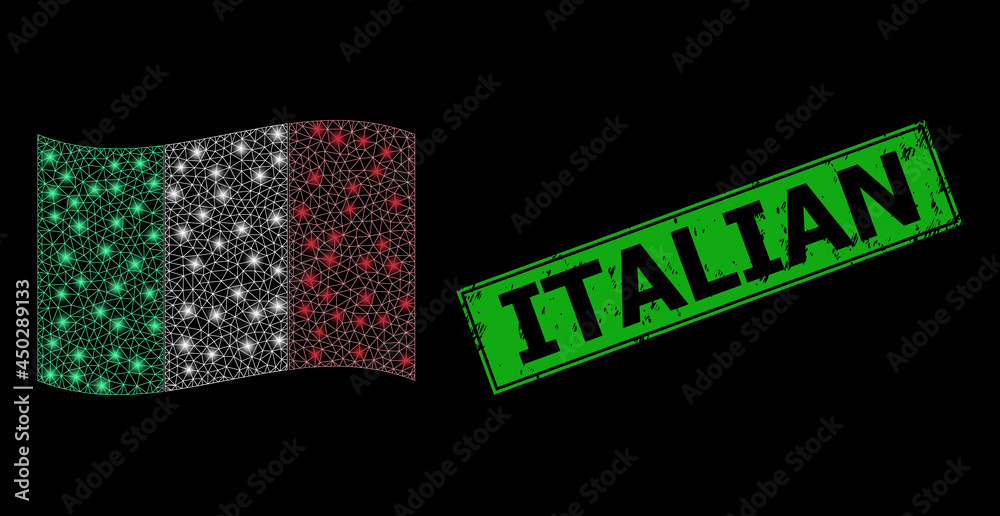 Bright mesh polygonal waving Italy flag with glowing spots, and distress Italian rectangle watermark. Green rectangle Italian grunge seal stamp. Bright mesh polygonal waving Italy flag with glowing spots, and distress Italian rectangle watermark. Green rectangle Italian grunge seal stamp.