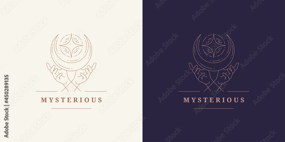 Magic hands with moon crescent logo emblem design template vector illustration in minimal line art style Magic hands with moon crescent logo emblem design template vector illustration in minimal line art style