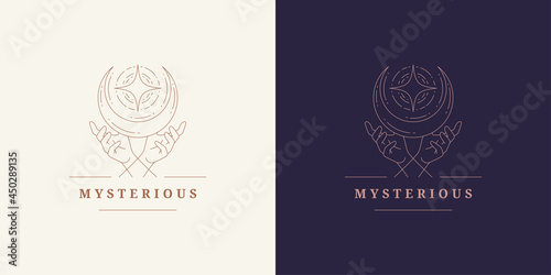 Magic hands with moon crescent logo emblem design template vector illustration in minimal line art style