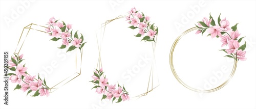 Vector floral frames for cards and invitations. Branches of pink sakura, magnolia. Collection of frames with pink flowers on white background. 