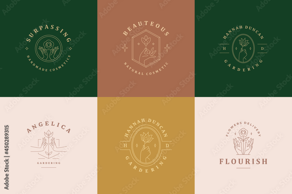 Feminine logos emblems design templates set with female hands and flowers vector illustrations minimal line art style Feminine logos emblems design templates set with female hands and flowers vector illustrations minimal line art style