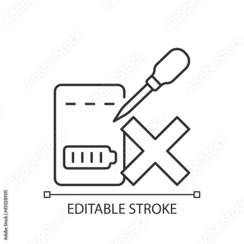 Dont puncture powerbank linear manual label icon. Hazard gas escape. Thin line customizable illustration. Contour symbol. Vector isolated outline drawing for product use instructions. Editable stroke
