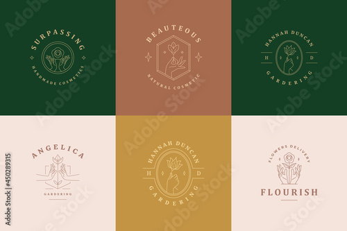 Feminine logos emblems design templates set with female hands and flowers vector illustrations minimal line art style
