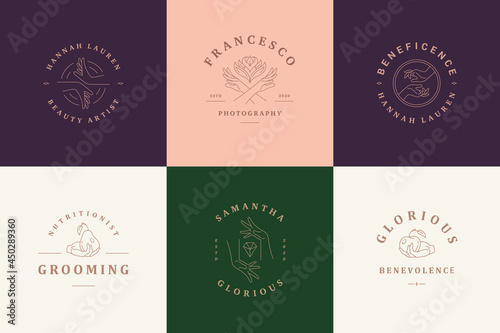 Feminine logos emblems design templates set with female hands gestures vector illustrations minimal line art style