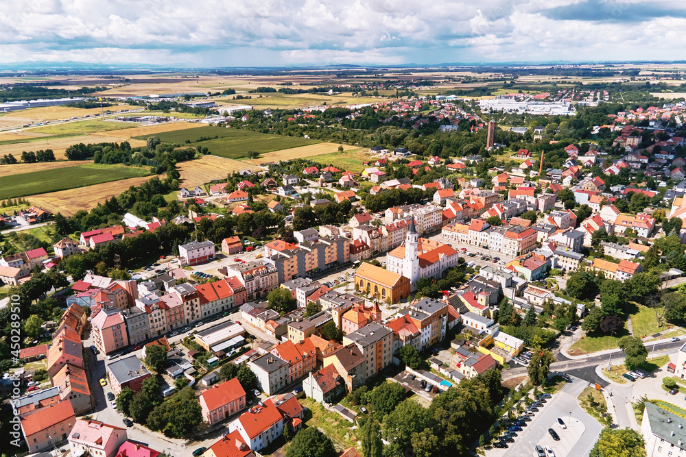 Aerial view of small european city with city streets and residential buildings. Katy Wroclawskie panoramic cityscape