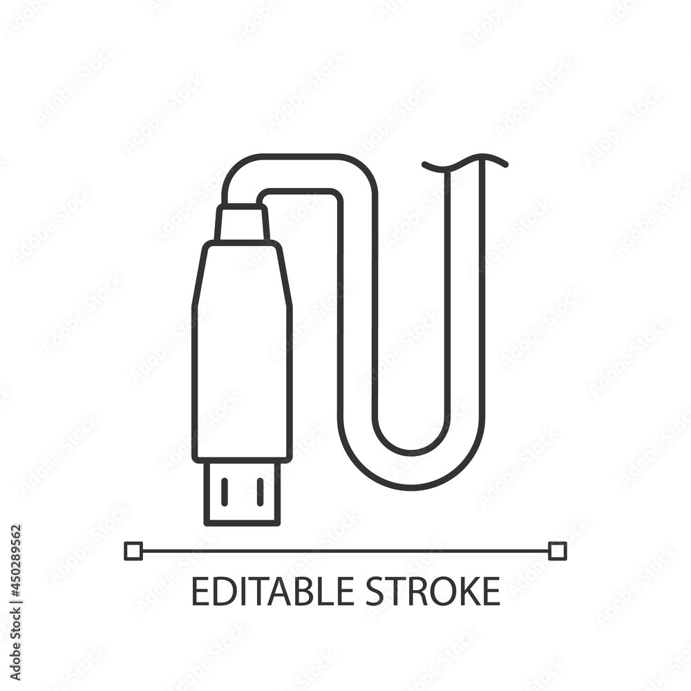 Micro USB output linear manual label icon. Connector type. Thin line customizable illustration. Contour symbol. Vector isolated outline drawing for product use instructions. Editable stroke Micro USB output linear manual label icon. Connector type. Thin line customizable illustration. Contour symbol. Vector isolated outline drawing for product use instructions. Editable stroke