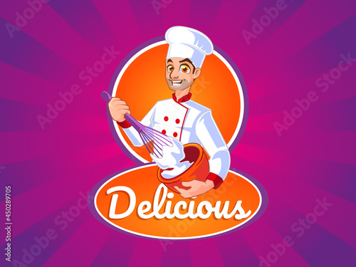 bakery mascot logo male chef making cookie dough
