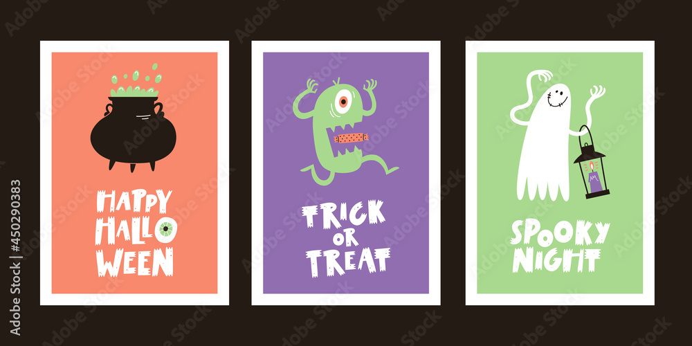 Set of Halloween greeting cards with handwritten text and traditional symbols.
