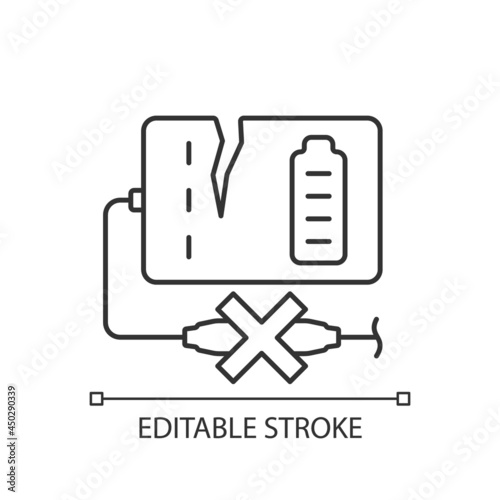 Dont use powerbank if damaged linear manual label icon. Thin line customizable illustration. Contour symbol. Vector isolated outline drawing for product use instructions. Editable stroke