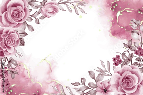 Watercolor background with rose gold flowers and leaves © orchidart