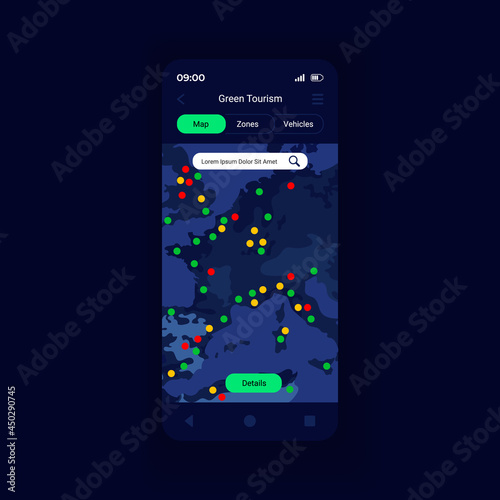 Green-zones representation smartphone interface vector template. Mobile app page design layout. Local authorities responsible for the environmental zone screen. Flat UI for application. Phone display