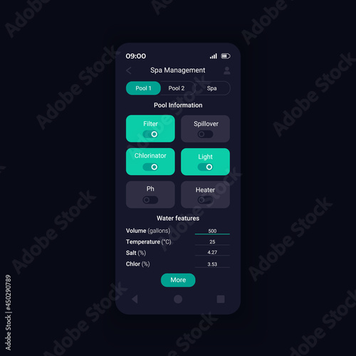 Pool, spa and backyard management smartphone interface vector template. Mobile app page design layout. Ethernet or wireless controller from anywhere screen. Flat UI for application. Phone display