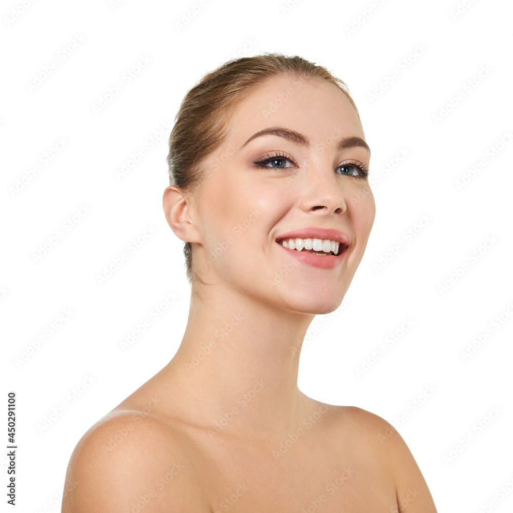 Young attractive woman posing at studio and happy smiling over white background. Beautiful girl with perfect smile. Young attractive woman posing at studio and happy smiling over white background. Beautiful girl with perfect smile.