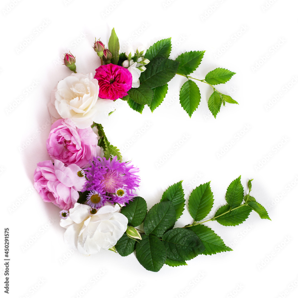 Letter C, concept alphabet design. Floral summer font. Seasonal decorative beautiful type mades of different multi-colored blooming flowers and grass. Natural summertime print Letter C, concept alphabet design. Floral summer font. Seasonal decorative beautiful type mades of different multi-colored blooming flowers and grass. Natural summertime print