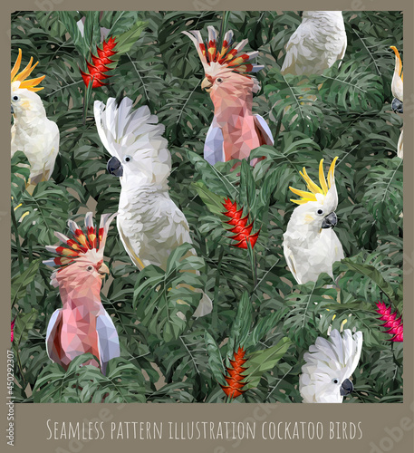 Seamless pattern illustration  cockatoo birds and leaves.