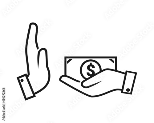 Stop corruption symbol. Hand offer money. Illustration vector