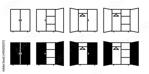 Wardrobe icon, open and closed. Cupboard symbol. Illustration vector