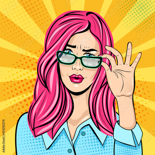 Wow emotional pop art face. Sexy woman with long pink hair and open mouth holds glasses with her hand and looking with interestiong and disbelief. Vector poster drawing in retro comic style.