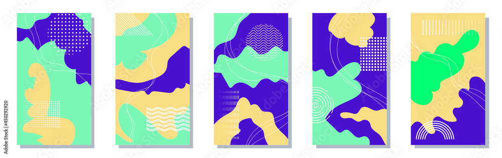Abstract backgrounds for the history of social networks. Set of minimalistic backgrounds of shapes, lines and dots. Place for an inscription. Vector stock illustration. modern scribbles and spots.