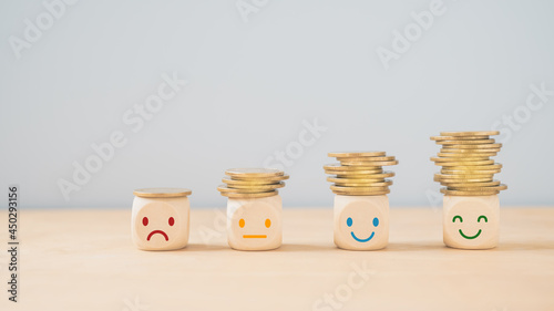 Fotografiet emotion face on  stack of coins, saving money, deposit, wealthy, profit, cash fo