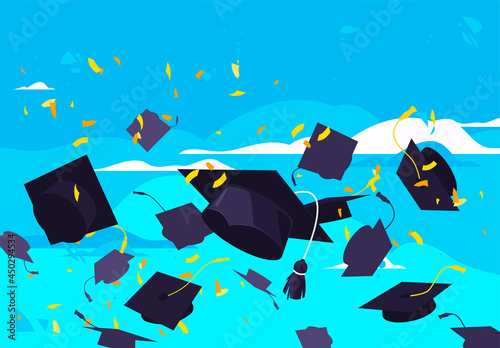 Vector illustration of student graduation hats flying in the air with golden confetti on a blue sky background