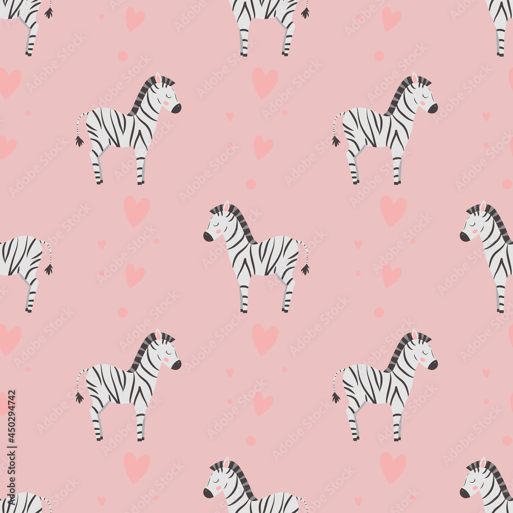 Fototapeta premium Seamless pattern with cute zebras and hearts, on a pink background. For baby textiles, wrapping paper.