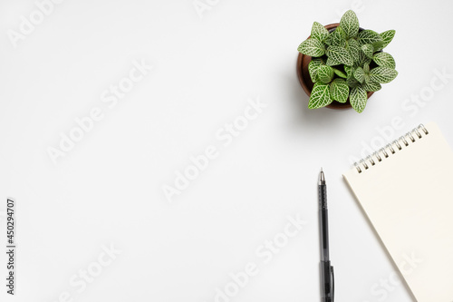 White desk  with blank notepad, flower and pen. Flat lay top view copy space.