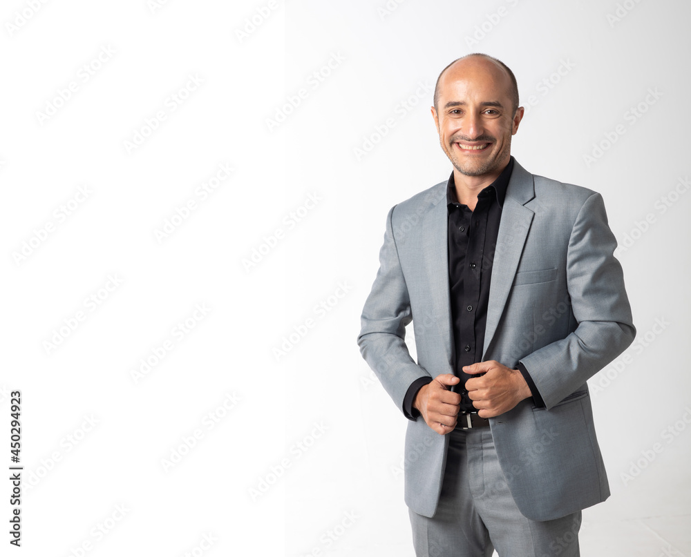 Hispanic business people. Portrait confident happy smilling handsome business man in suit on white background. Hispanic business people. Portrait confident happy smilling handsome business man in suit on white background.