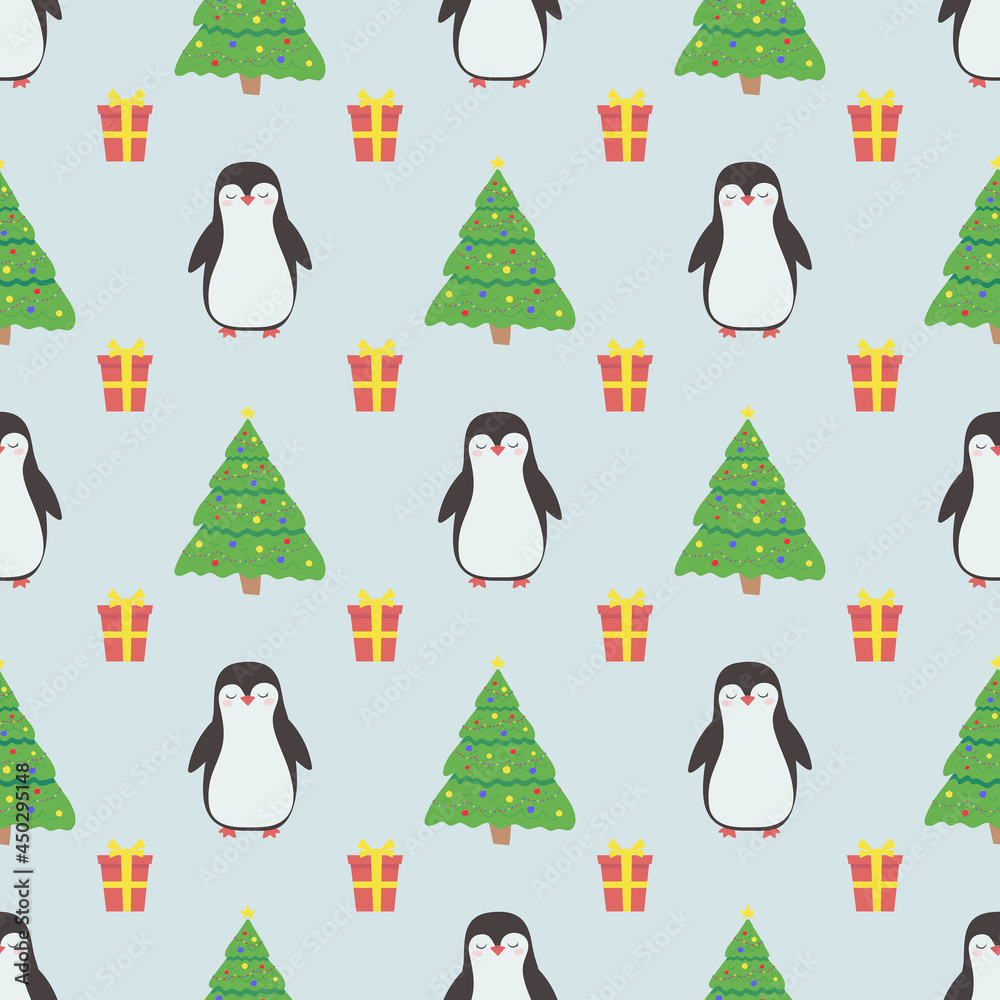 Obraz premium Seamless pattern with cute penguin, Christmas tree and gifts. For wrapping paper, packaging, textiles, children's design. Christmas and New Year concept.