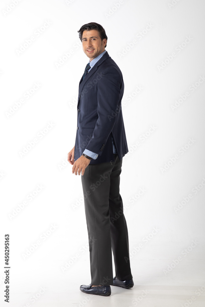 Portrait confident happy smilling handsome business man in suit on white background. Caucasian people.