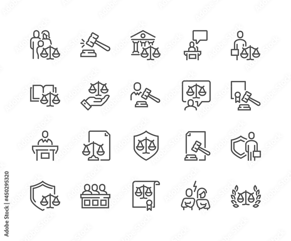 Simple Set of Court Related Vector Line Icons. Contains such Icons as Hammer, Justice, Lawyer and more. Editable Stroke. 48x48 Pixel Perfect.