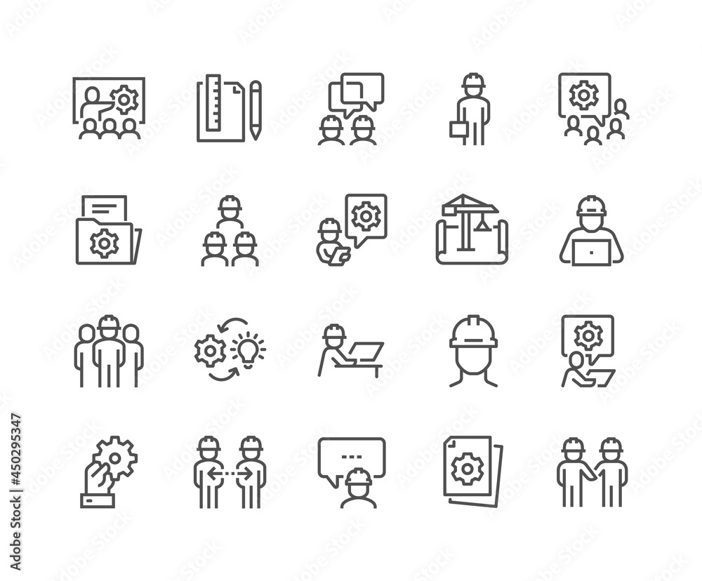 Simple Set of Engineering People Related Vector Line Icons. Contains such Icons as Teamwork, Tech Presentation, Communication and more. Editable Stroke. 48x48 Pixel Perfect.