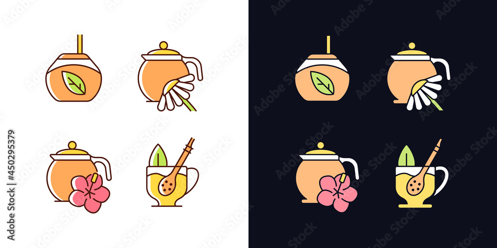 Herbal tea light and dark theme RGB color icons set. Hibiscus beverage. Camomile infusion. Mate tea with straw. Isolated vector illustrations on white and black space. Simple filled line drawings pack
