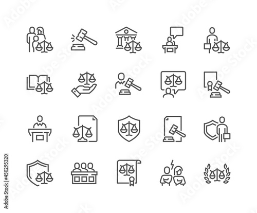 Simple Set of Court Related Vector Line Icons. Contains such Icons as Hammer, Justice, Lawyer and more. Editable Stroke. 48x48 Pixel Perfect.