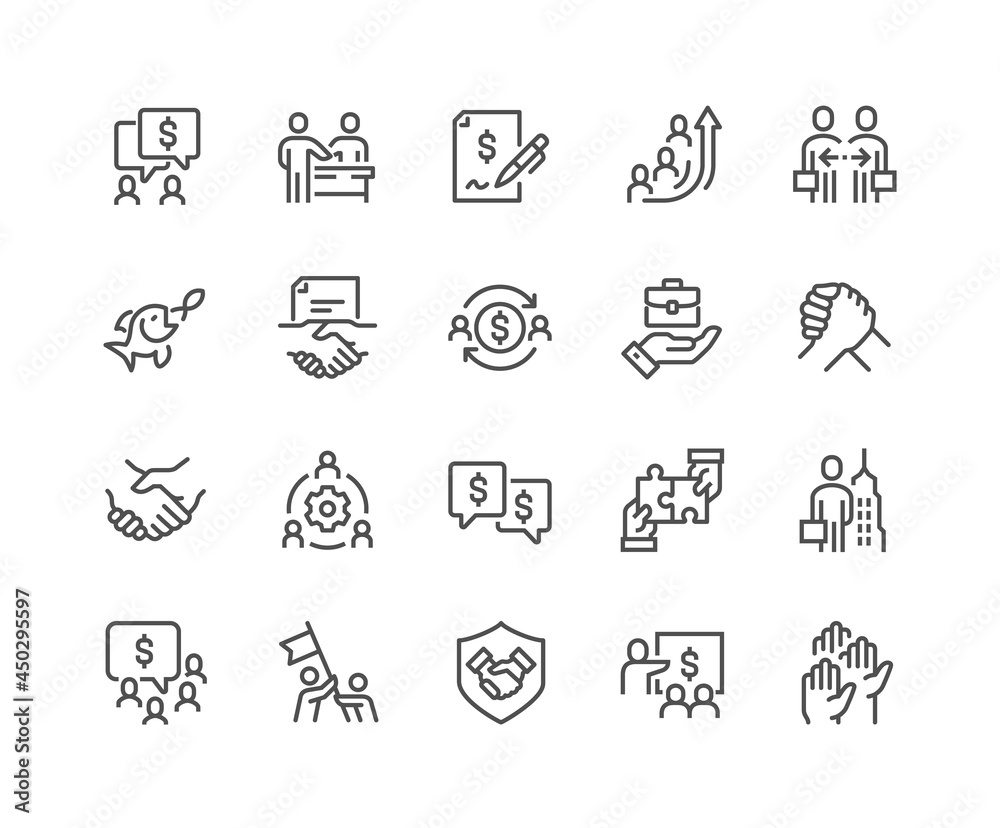 Simple Set of Business Cooperation Related Vector Line Icons. Contains such Icons as Partnership, Synergy, Interaction and more. Editable Stroke. 48x48 Pixel Perfect.