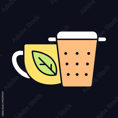 Metal tea infuser, strainer RGB color icon for dark theme. Device for tea brewing. Mesh container. Isolated vector illustration on night mode background. Simple filled line drawing on black