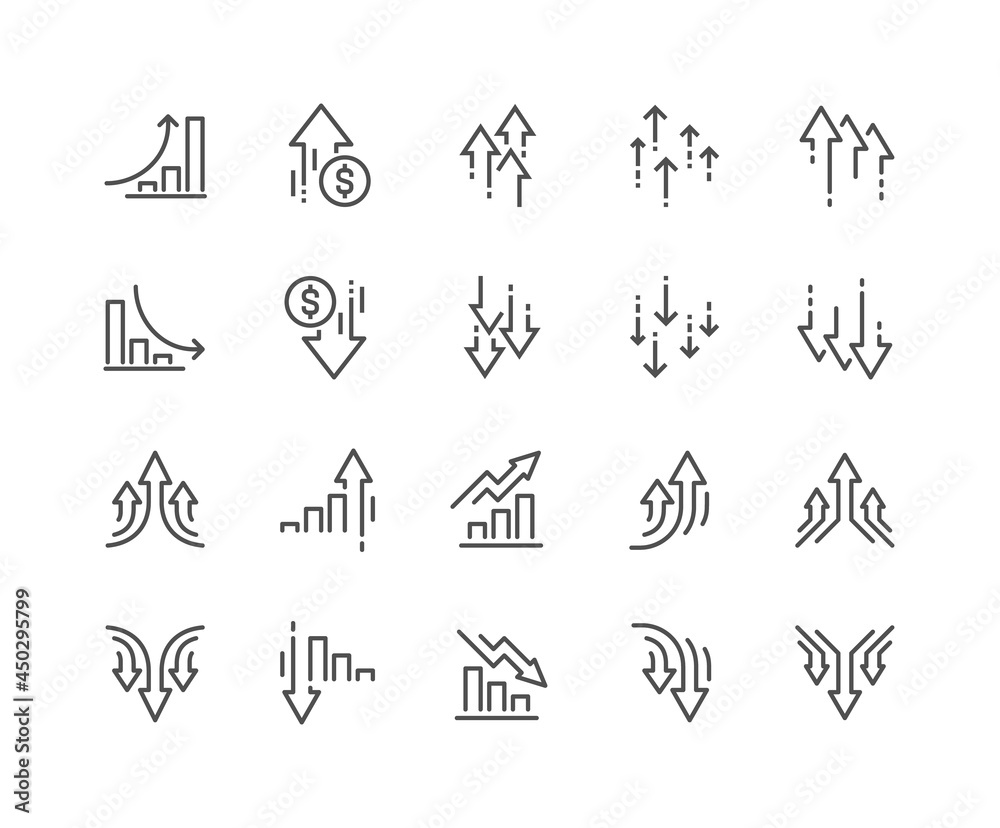 Simple Set of Increase and Decrease Related Vector Line Icons. Contains such Icons as Finance Chart, Abstract Graph, Trend and more. Editable Stroke. 48x48 Pixel Perfect.