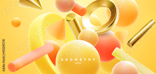 Abstract background with 3d orange, red and golden shapes. Abstract geometric background.