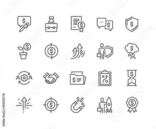 Simple Set of Business Related Vector Line Icons. Contains such Icons as Handshake, Finance, Management and more. Editable Stroke. 48x48 Pixel Perfect.