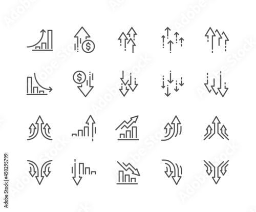 Simple Set of Increase and Decrease Related Vector Line Icons. Contains such Icons as Finance Chart, Abstract Graph, Trend and more. Editable Stroke. 48x48 Pixel Perfect. photo