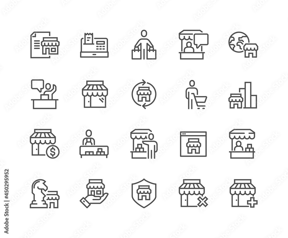 Simple Set of Shopping and Market Related Vector Line Icons. Contains such Icons as Store Statistics, Product Promotion, Buyer and more. Editable Stroke. 48x48 Pixel Perfect.