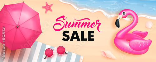 End of summer sale background. Vector beautiful realistic top view illustration of sandy summer beach with beach umbrella, sunglasses and seashells