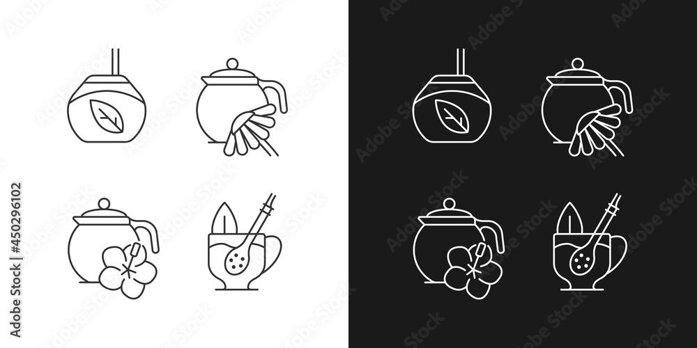 Herbal tea linear icons set for dark and light mode. Hibiscus beverage carcade. Camomile infusion. Customizable thin line symbols. Isolated vector outline illustrations. Editable stroke
