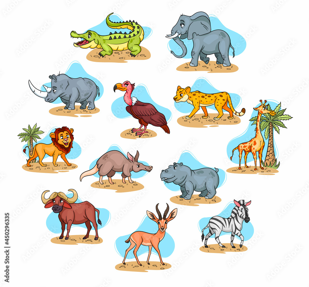 Obraz premium Large set of African animals. Funny animal characters in cartoon style.