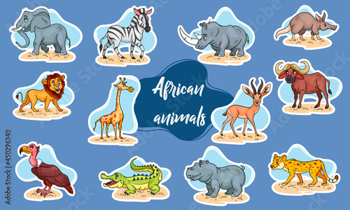Large set of African animals. Funny animal characters in cartoon style Stickers.